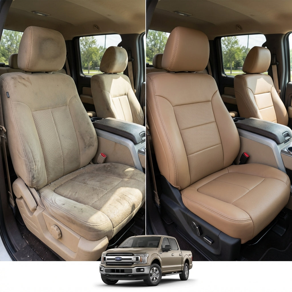 Before-and-after comparison of Nissan_Juke front seats, showing original cloth seat upgraded to perforated leather upholstery.