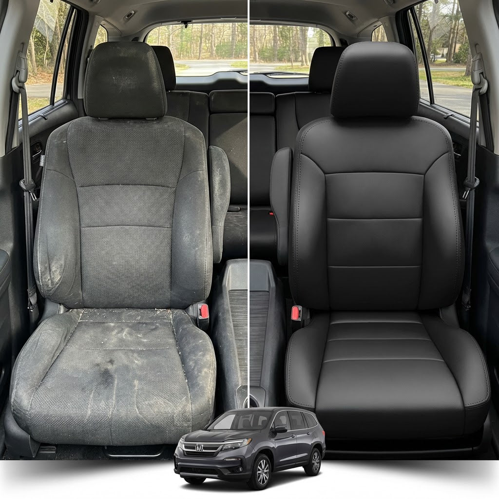 Before-and-after comparison of Ford Fiesta front seats, showing cloth seat upgraded to perforated leather upholstery.
