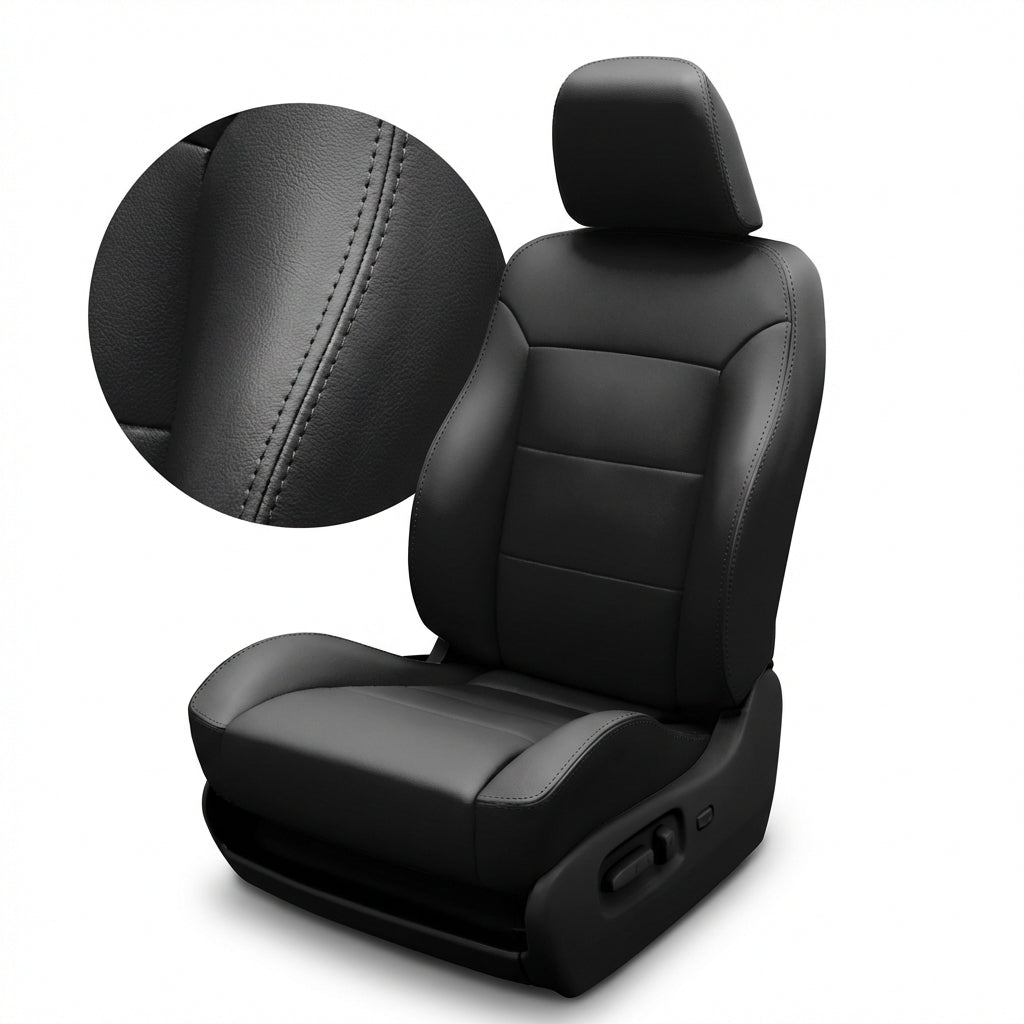 Black car seat with detailed stitching and a close-up of the texture on a white background