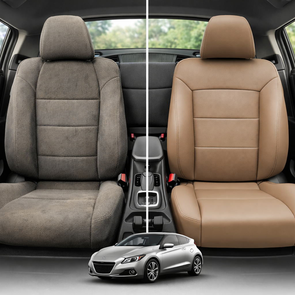 Before and after comparison of Ford Fiesta beige car seats 