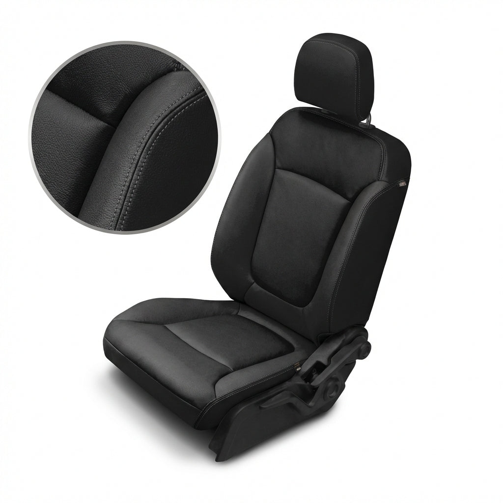Black car seat cover with detailed texture on a white background