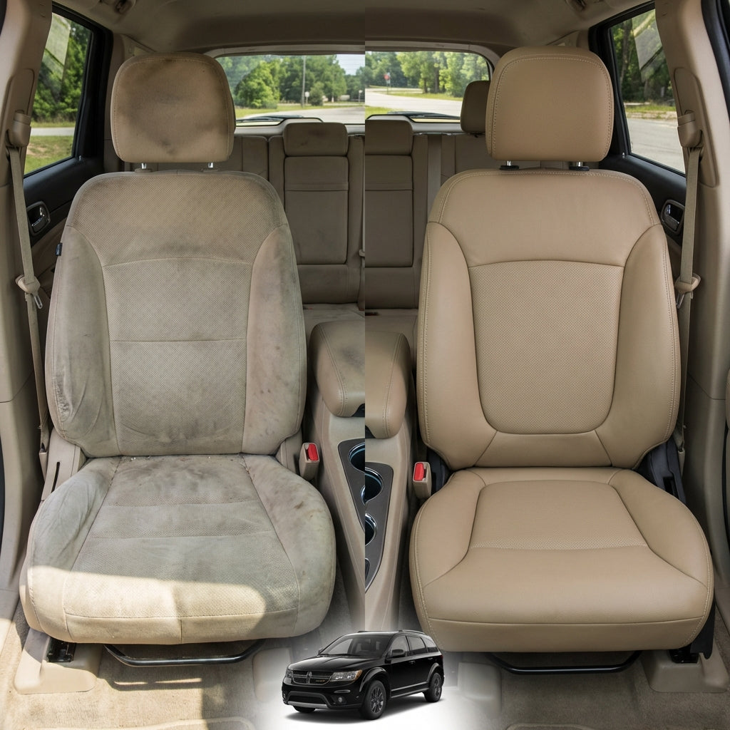 Before-and-after comparison of Dodge Journey front seats, showing cloth seat upgraded to perforated leather upholstery.
