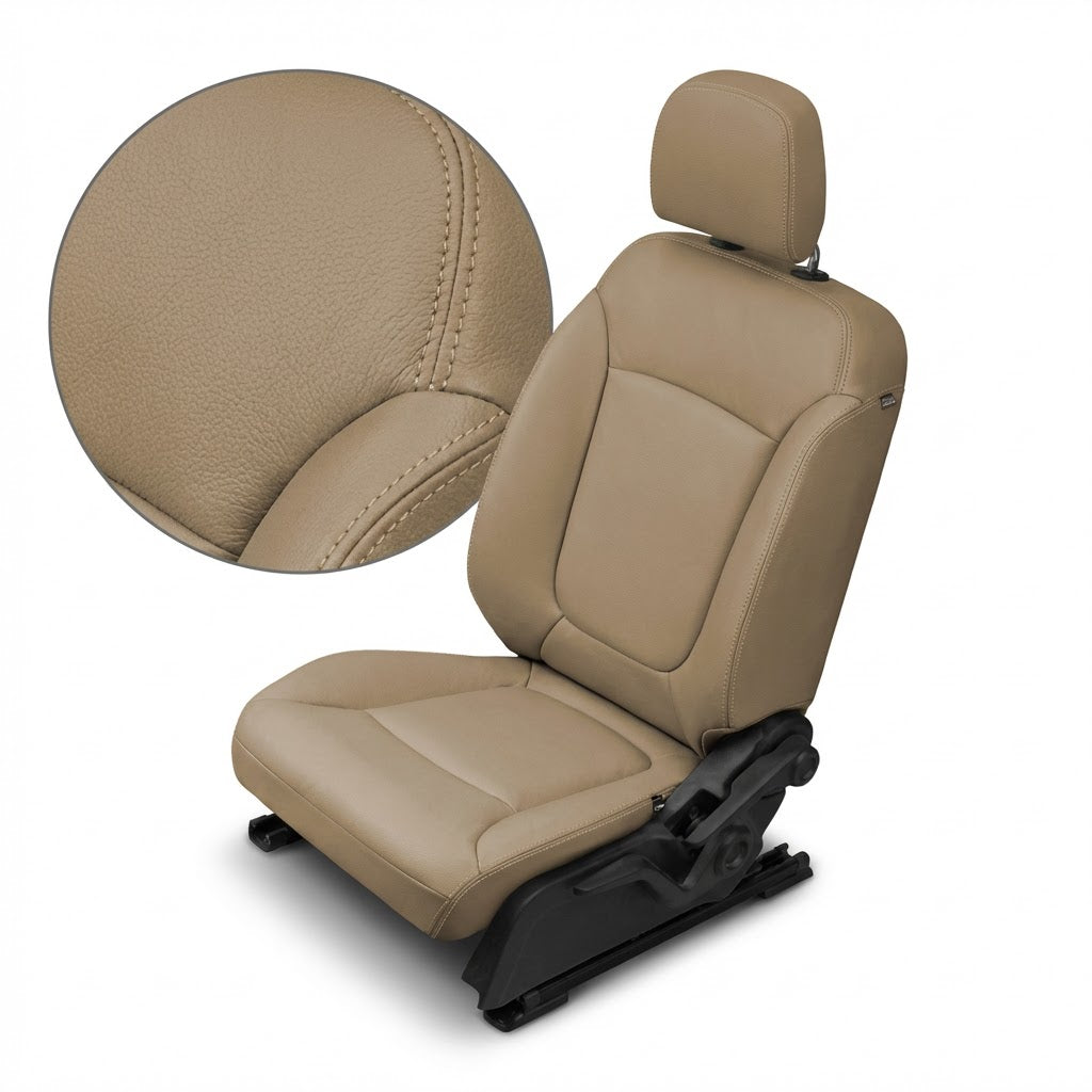 Beige car seat cover with headrest on a white background