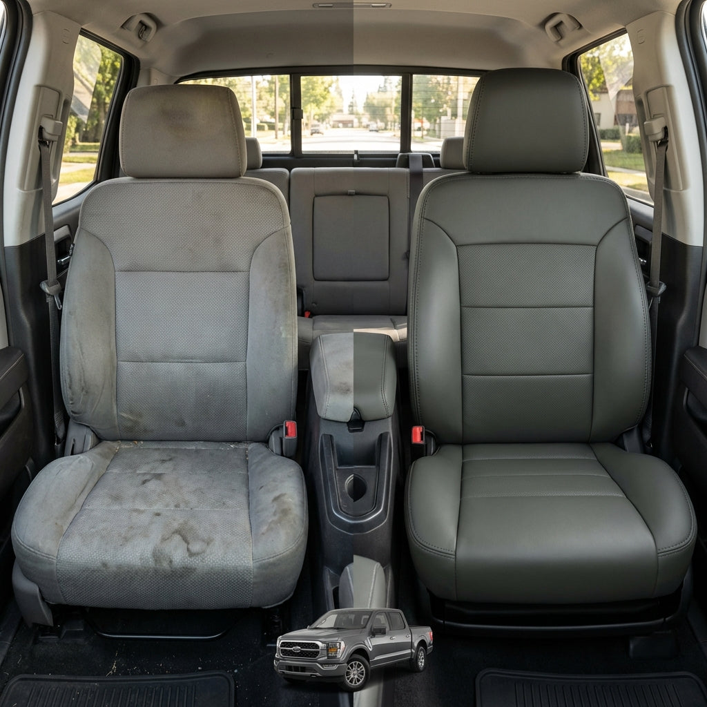 Before-and-after comparison of Chevrolet Captiva front seats, showing cloth seat upgraded to perforated leather upholstery.
