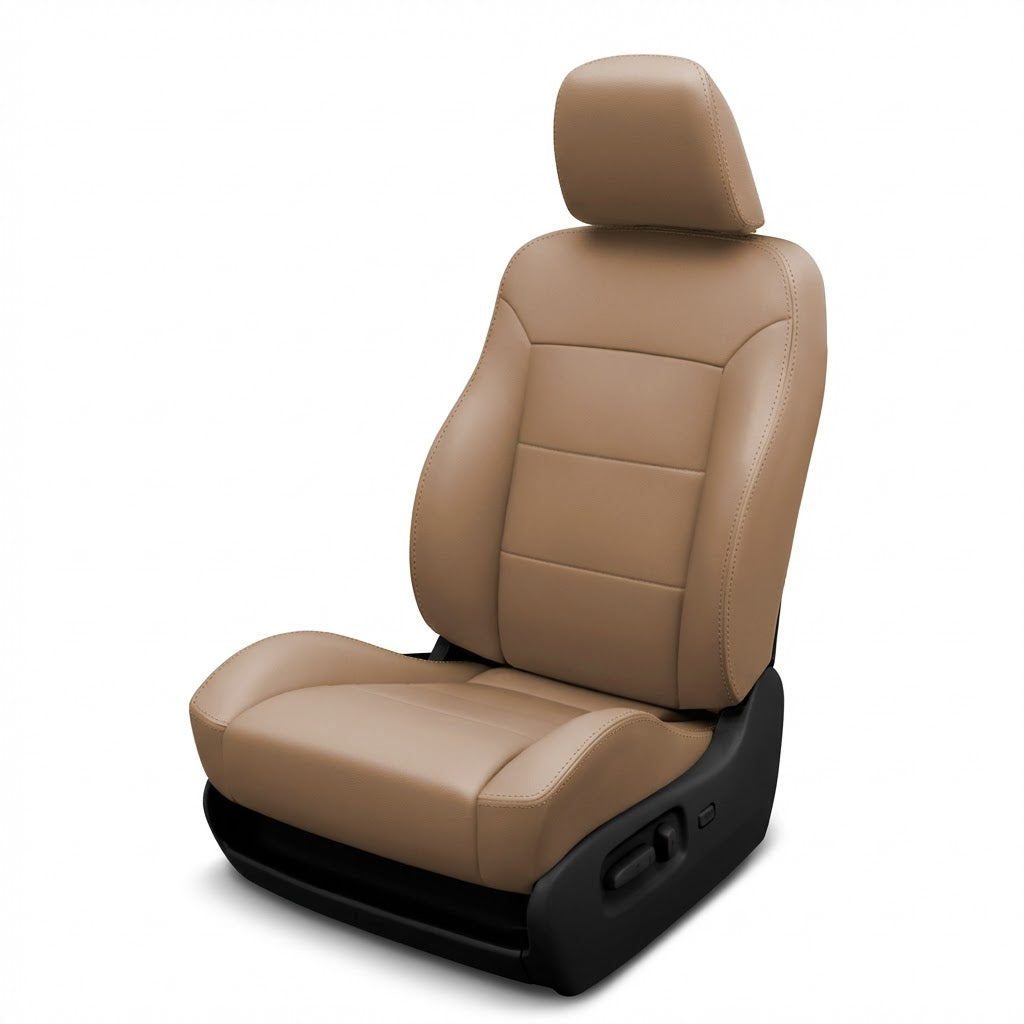 Beige car seat with headrest on a white background