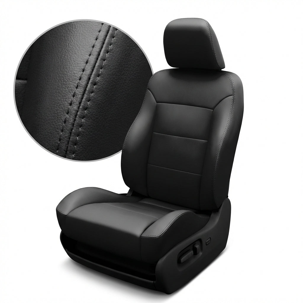 Black car seat with detailed stitching on a white background