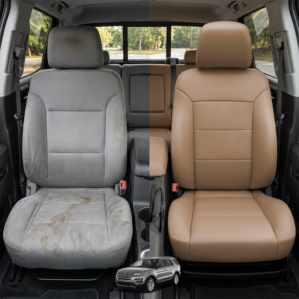Before-and-after comparison of Chevrolet Cruze front seats, showing cloth seat upgraded to perforated leather upholstery.
