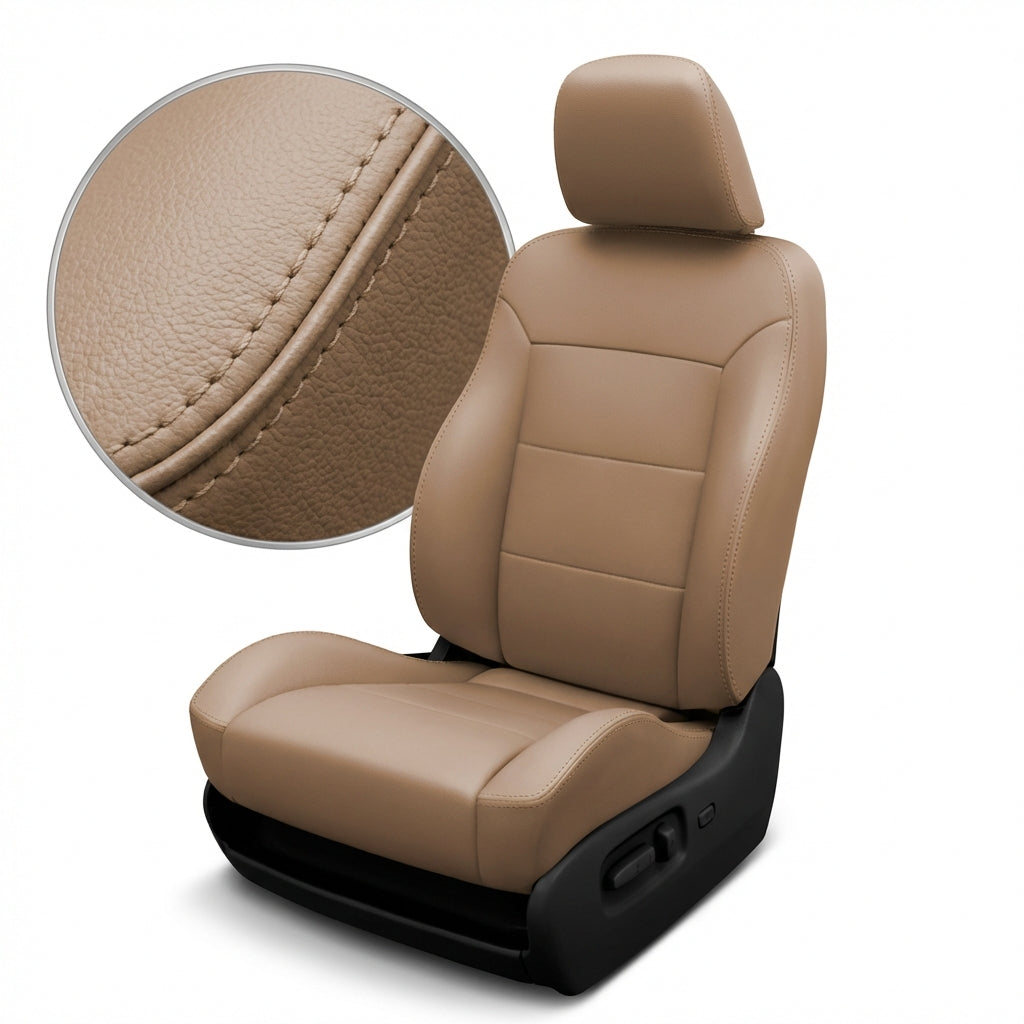 Beige car seat with detailed stitching on a white background