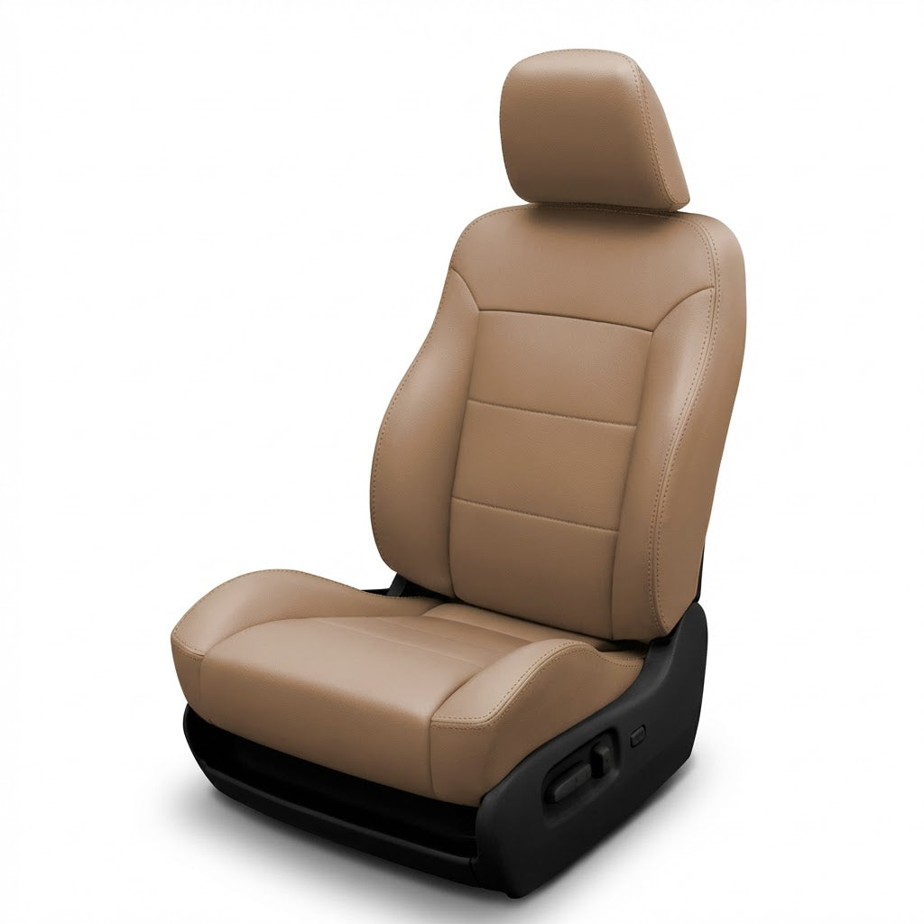 Beige car seat with headrest on a white background