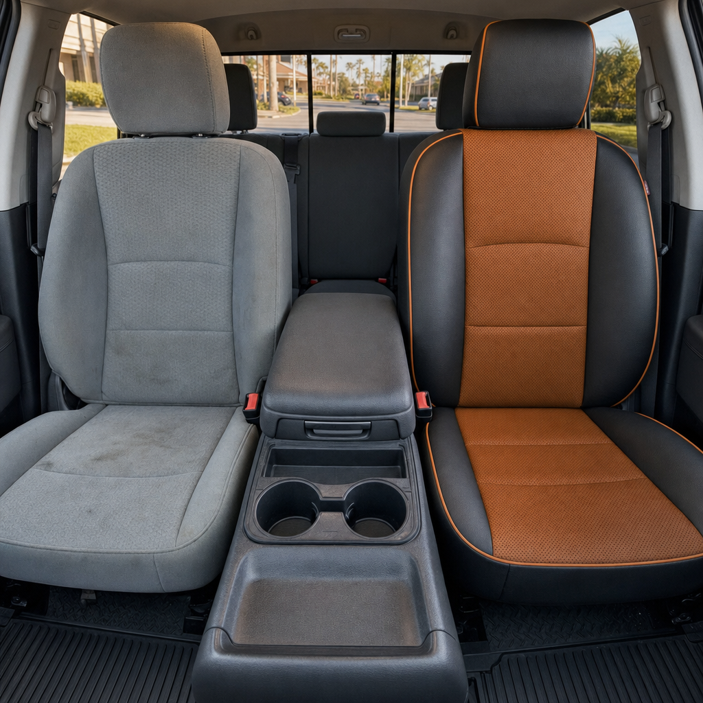 Before-and-after front in-cabin view of a 2012–2018 Ram 1500/2500/3500 showing the interior seat upgrade: the left front seat has the original gray cloth upholstery, while the right front seat features the installed Leatherteck leather kit in black with Autumn perforated body inserts and Autumn edge piping.