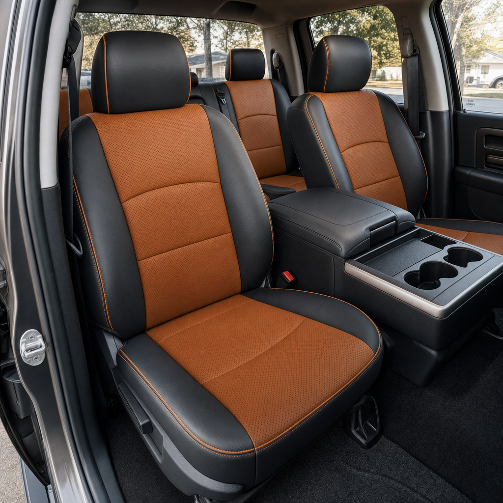 Front in-cabin view of a 2012–2018 Ram 1500/2500/3500 with an installed Leatherteck leather upholstery kit featuring black leather outer bolsters, Autumn perforated body inserts, and Autumn edge piping. The image shows the upgraded driver and passenger front bucket seats with headrests, matching rear seat upholstery, center console with armrest and cupholders, door panel, seatbelt, and black carpeted floor inside the truck cabin.