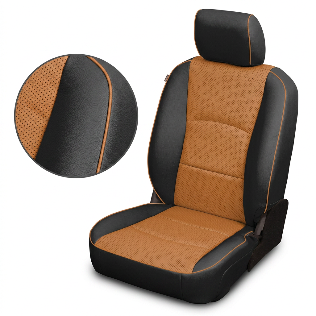 Close-up product image of a 2012–2018 Ram 1500/2500/3500 Leatherteck leather upholstery kit featuring black leather outer bolsters, Autumn perforated body inserts, and Autumn edge piping. The seat is shown on a white background with a circular zoom inset highlighting the Autumn perforation pattern, black leather grain, stitched seam detail, and Autumn piping along the two-tone panel edge.
