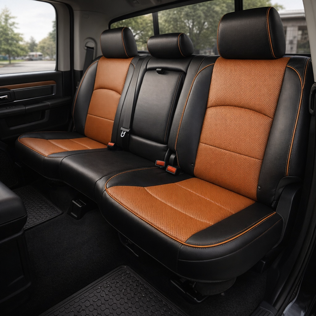 Rear in-cabin view of a 2012–2018 Ram 1500/2500/3500 with an installed Leatherteck leather upholstery kit featuring black leather outer bolsters, Autumn perforated body inserts, and Autumn edge piping. The image shows the upgraded rear bench seat with three headrests, two-tone black and Autumn leather panels, perforated seatback and cushion inserts, seatbelts and buckles, rear door panel with Autumn accent trim, rear window, and black all-weather floor mats inside the truck cabin.