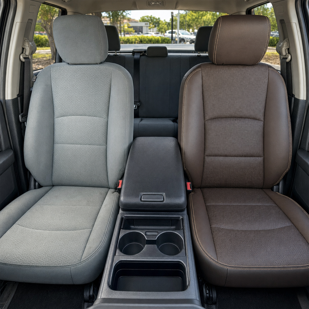 Before-and-after front in-cabin view of a 2012–2018 Ram 1500/2500/3500 showing an upholstery upgrade: the left front seat has the original factory gray cloth upholstery, while the right front seat features the upgraded Leatherteck leather kit in black and Coffee Brown with Coffee Brown perforated inserts and Parchment contrast stitching.