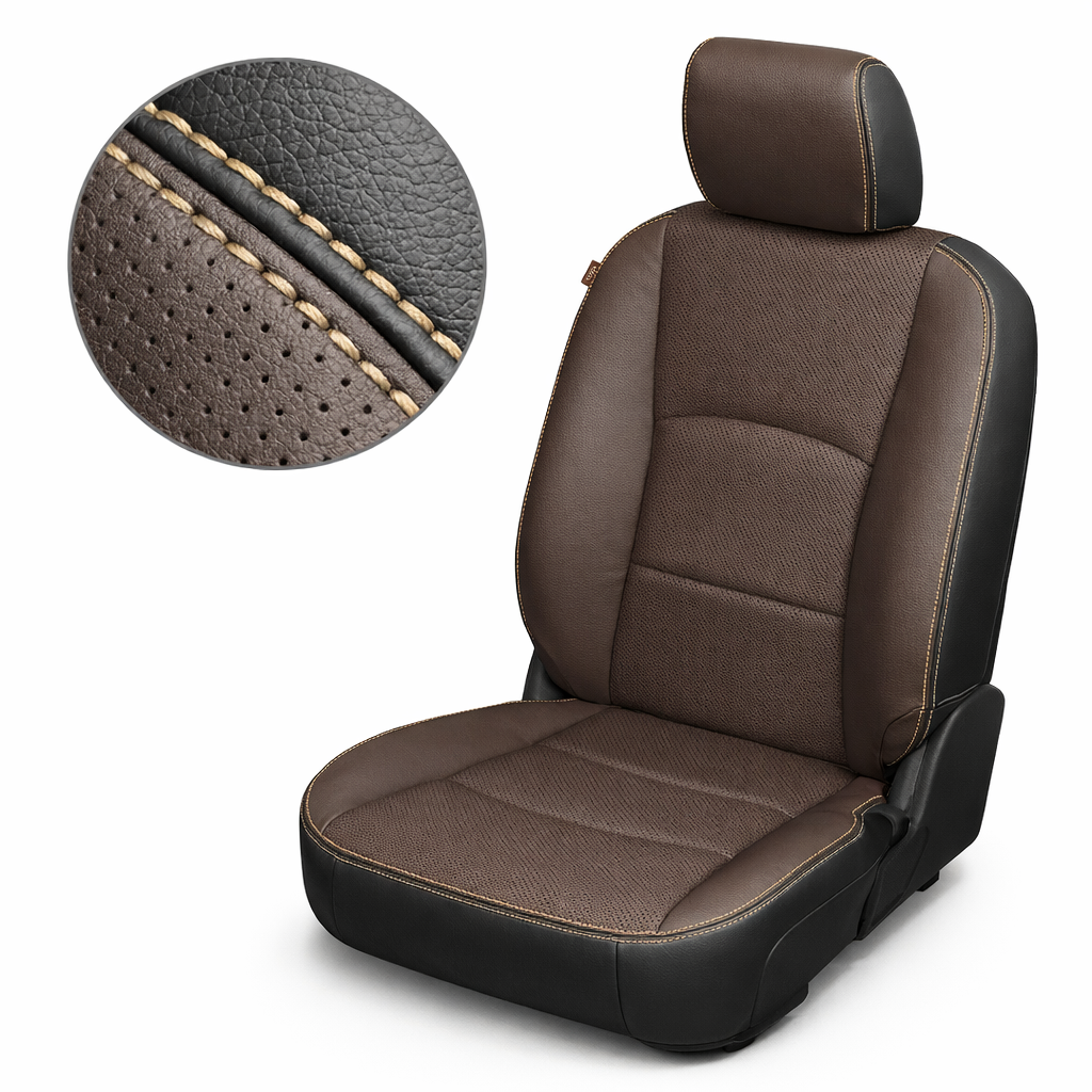 Close-up product image of a 2012–2018 Ram 1500/2500/3500 Leatherteck leather upholstery kit in Black and Coffee Brown, featuring Coffee Brown perforated inserts and Parchment contrast stitching. The seat is shown on a white background with a circular zoom inset highlighting the Coffee Brown perforated leather texture, black leather grain, Parchment double-stitching, stitched seam detail, and black edge piping.


