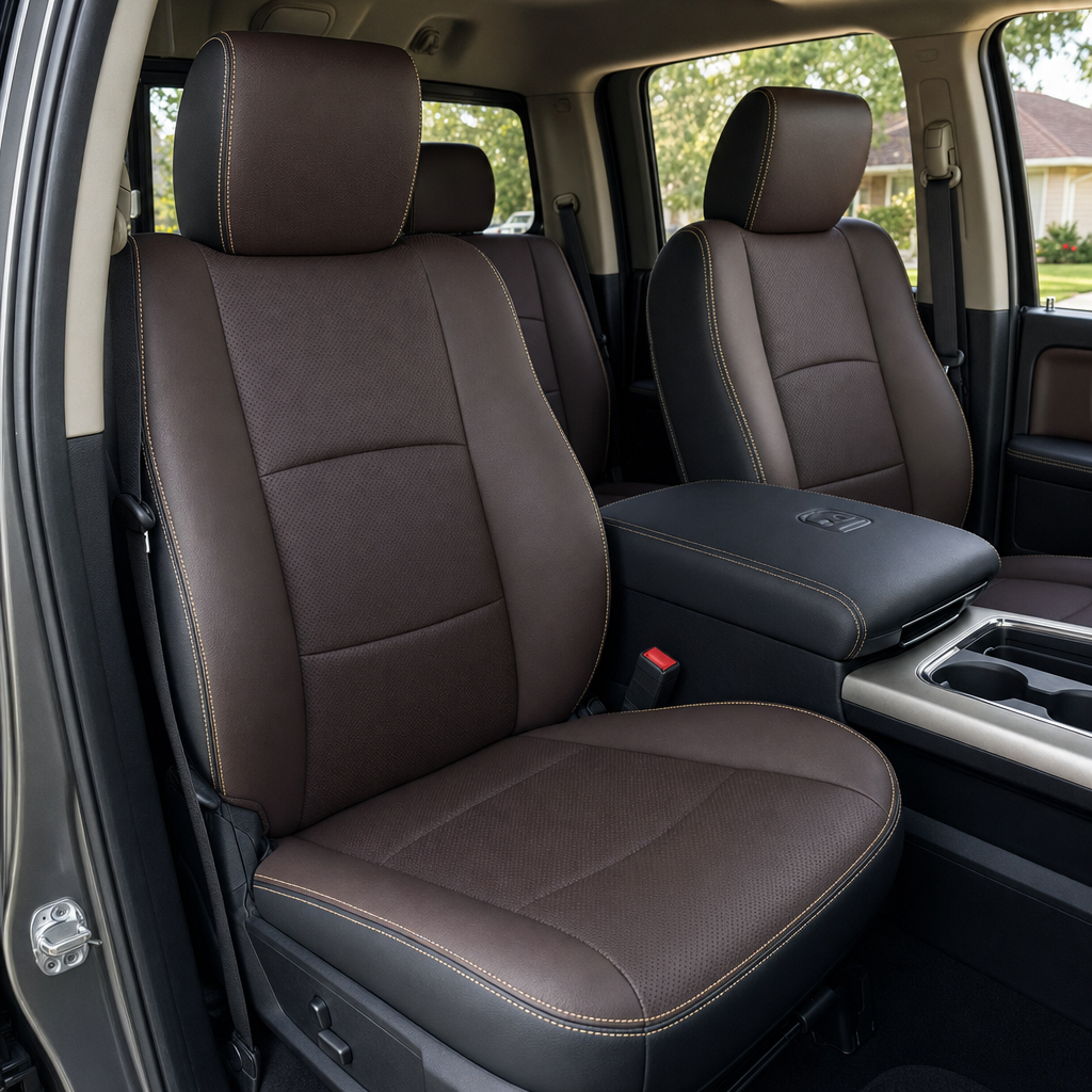  Front in-cabin view of a 2012–2018 Ram 1500/2500/3500 with an installed Leatherteck leather upholstery kit in Black and Coffee Brown, featuring Coffee Brown perforated seat inserts and Parchment contrast stitching. The image shows the upgraded driver and passenger front bucket seats with headrests, two-tone leather seat design, perforated center panels, stitched bolsters and piping detail, center console with armrest and cupholders, seatbelt buckle, front door panel, and black carpeted floor inside the tr