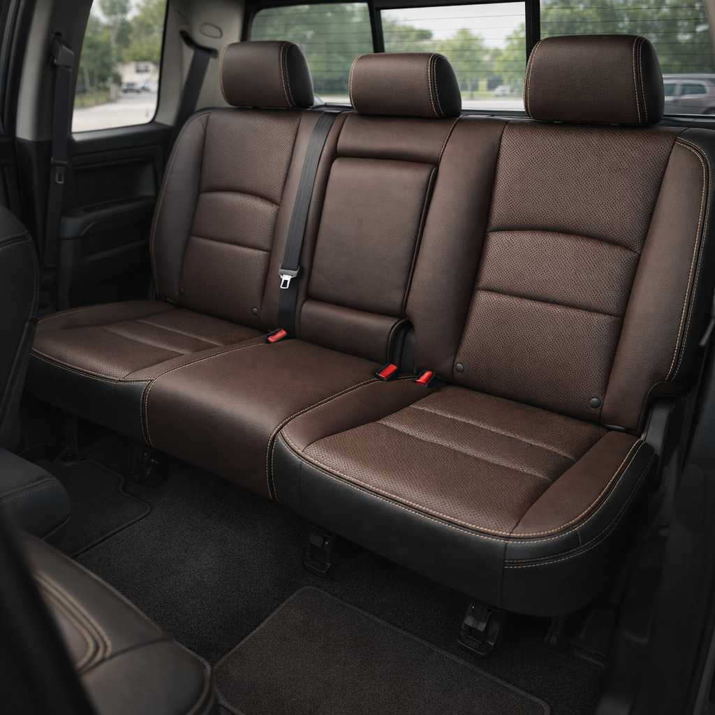 Rear in-cabin view of a 2012–2018 Ram 1500/2500/3500 with an installed Leatherteck leather upholstery kit in Black and Coffee Brown, featuring Coffee Brown perforated inserts and Parchment contrast stitching. The image shows the upgraded rear bench seat with three headrests, perforated outer seatback and cushion panels, smooth Coffee Brown center seating sections, black lower trim and side bolsters, stitched seam and piping detail, seatbelts and red seatbelt buckles, rear door panel, rear window, front sea