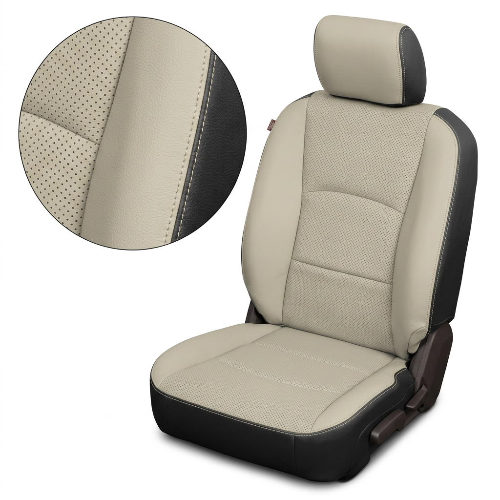 Close-up product image of a 2012–2018 Ram 1500/2500/3500 Leatherteck leather kit in black and Alabaster, featuring Alabaster front-facing panels, perforated Alabaster center inserts, and Alabaster stitching. The seat is shown on a white background with a circular zoom inset highlighting the perforated leather texture, smooth Alabaster leather grain, black outer side panel, Alabaster double-stitched seam detail, headrest, seat cushion panels, and black seat base.