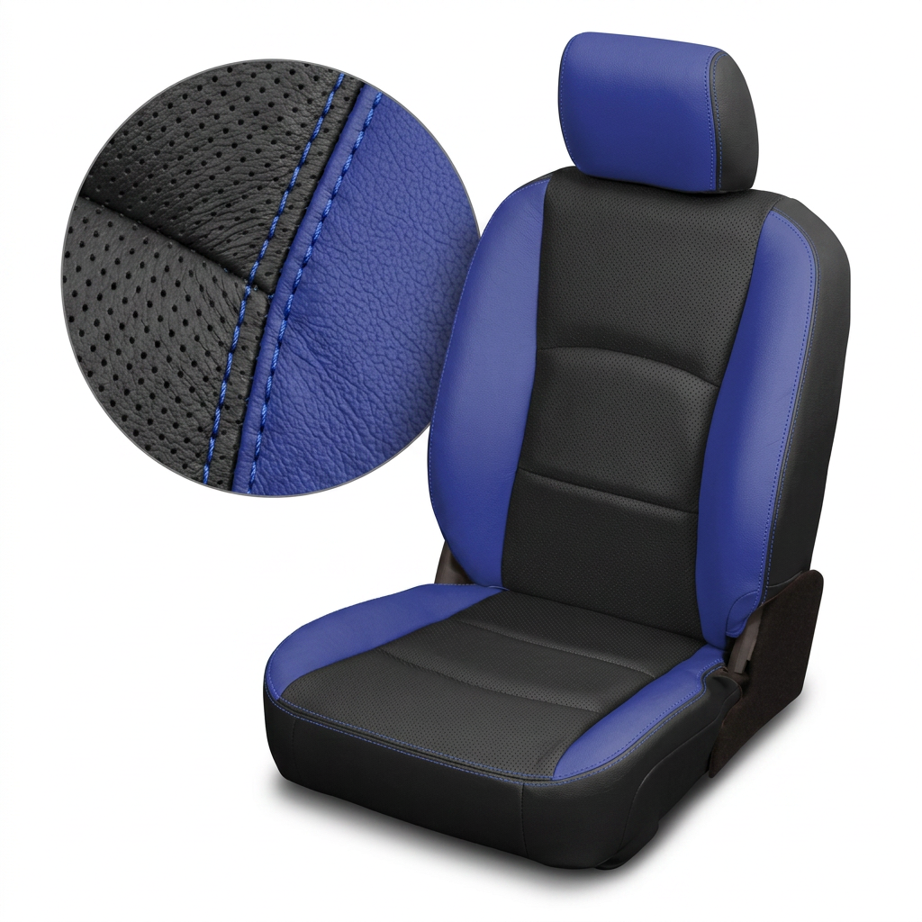Close-up product image of a 2012–2018 Ram 1500/2500/3500 Leatherteck leather kit in black with Cobalt Blue panels, perforated black inserts, and Cobalt stitching. The seat is shown on a white background with a circular zoom inset highlighting the perforated black leather texture, Cobalt Blue leather grain, blue contrast stitching, stitched seam detail, black center insert panels, Cobalt Blue side bolsters, matching Cobalt Blue headrest face, and black seat base.

