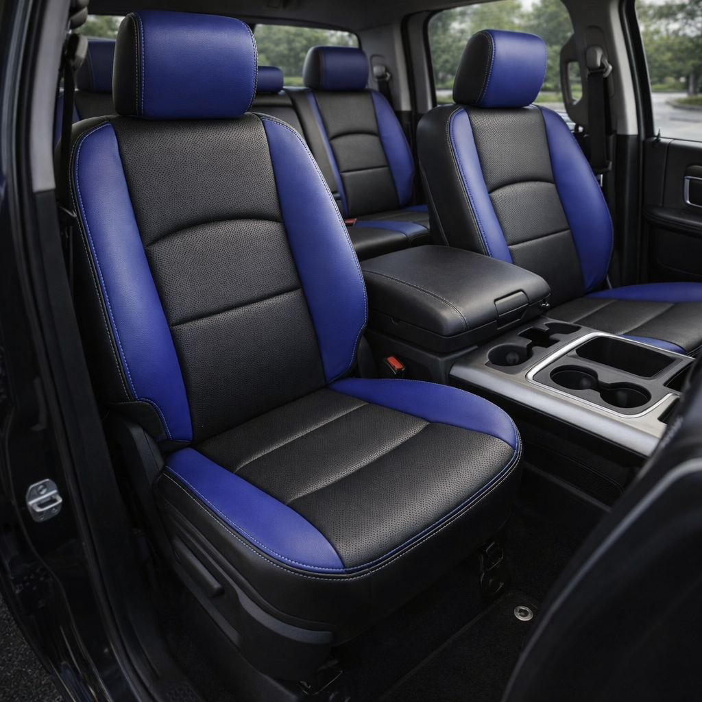 Front in-cabin view of a 2012–2018 Ram 1500/2500/3500 with an installed Leatherteck leather kit in black with Cobalt Blue panels, perforated black center inserts, and Cobalt stitching. The image shows the upgraded driver and passenger front bucket seats with Cobalt Blue headrest faces, black perforated seat and backrest inserts, Cobalt Blue side bolsters and accent panels, matching rear bench seat, center console with armrest, cupholders, door panel, and dark interior trim inside the truck cabin.