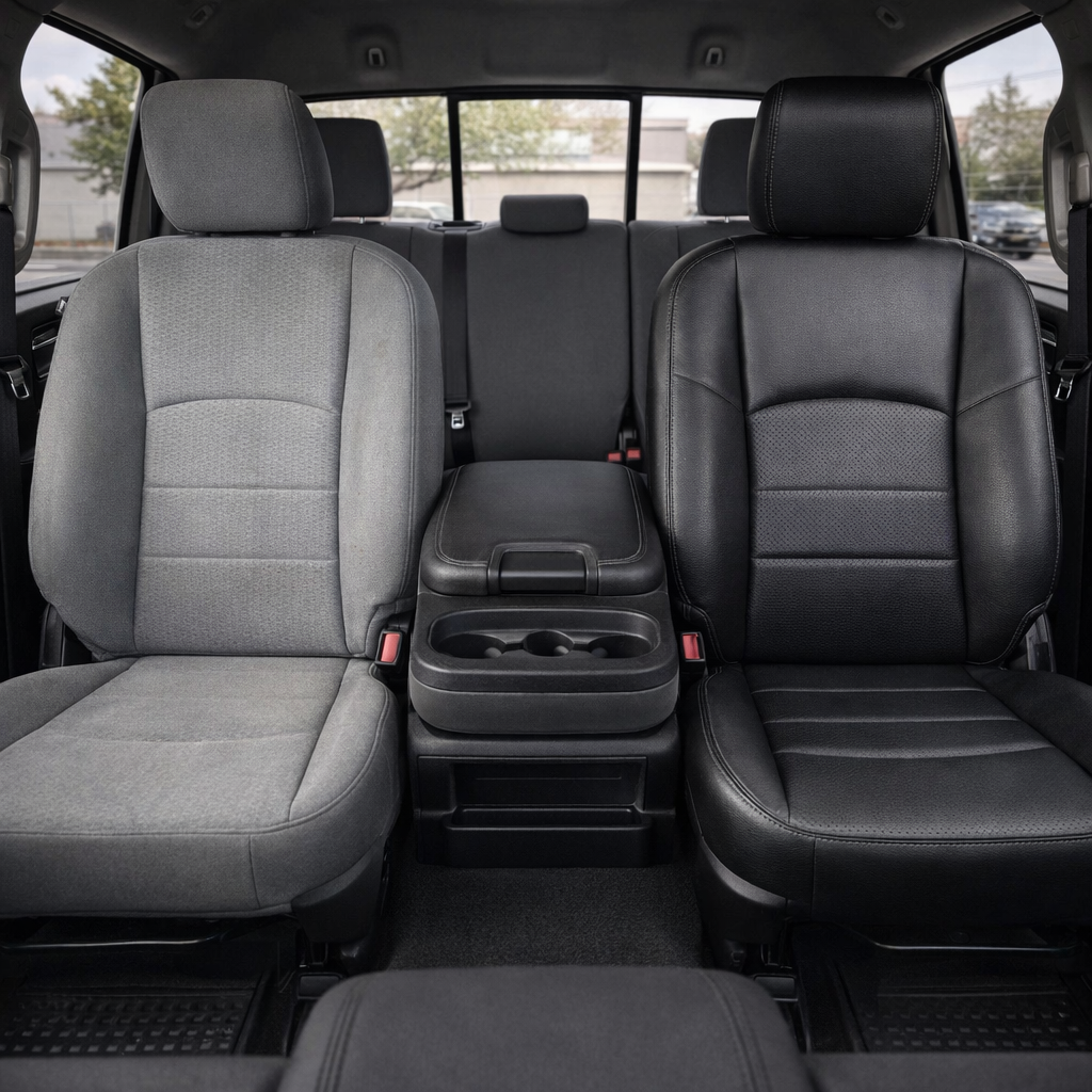 Before-and-after front in-cabin view of a 2012–2018 Ram 1500/2500/3500 split by seats: the left front seat shows the factory gray cloth upholstery, while the right front seat shows the upgraded Leatherteck leather kit in black with perforated combination center inserts and black stitching. 