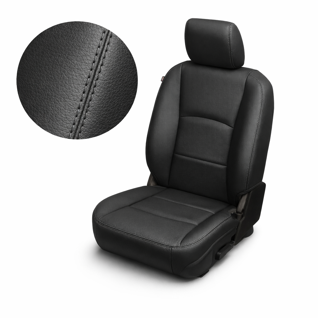  Close-up product image of a 2012–2018 Ram 1500/2500/3500 Leatherteck leather kit in black, featuring perforated combination center inserts and black stitching. The seat is shown on a white background with a circular zoom inset highlighting the black leather grain, stitched seam detail, and matching black upholstery finish.