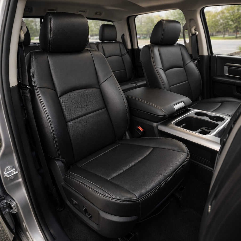  Front in-cabin view of a 2012–2018 Ram 1500/2500/3500 with an installed Leatherteck leather kit in black, featuring perforated combination center inserts and black stitching. The image shows the upgraded driver and passenger front seats with headrests, rear bench seat, fold-down center console/armrest, cupholders, door panel, seatbelt, and black floor area inside the truck cabin.
