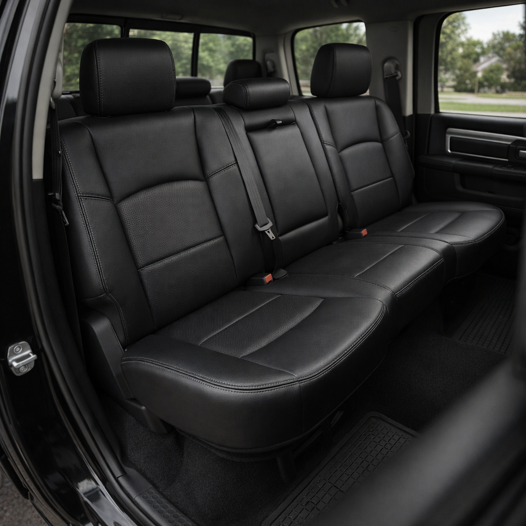 Rear in-cabin view of a 2012–2018 Ram 1500/2500/3500 with an installed Leatherteck leather kit in black, featuring perforated combination center inserts and black stitching. The image shows the upgraded rear bench seat with headrests, seatbelts and buckles, black leather seat cushions, door panel, rear window, and black all-weather floor mat inside the truck cabin.

