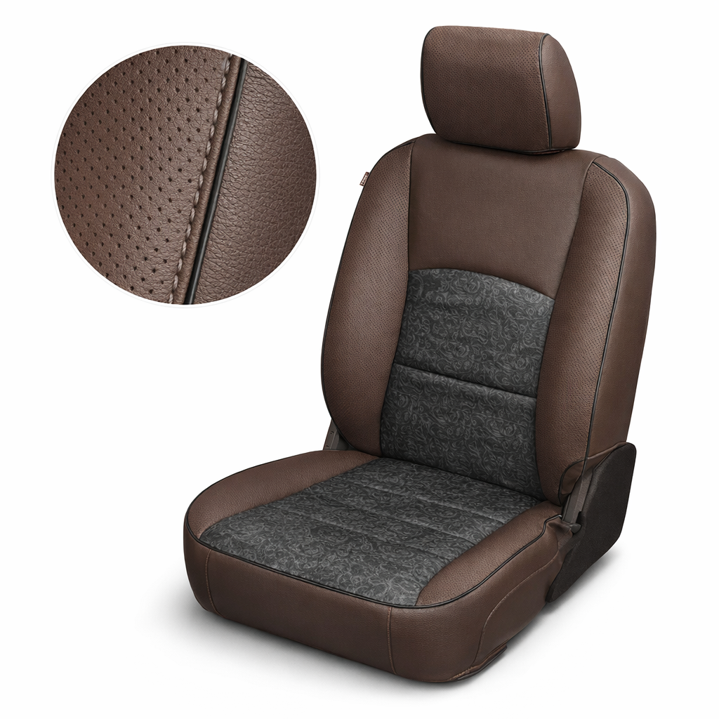 Close-up product image of a 2012–2018 Ram 1500/2500/3500 Leatherteck leather kit in Coffee Brown with Western Floral Black combo inserts, perforated panels, and black piping. The seat is shown on a white background with a circular zoom inset highlighting the Coffee Brown perforated leather texture, black edge piping, stitched seam detail, smooth leather grain, Western Floral Black patterned center inserts, matching perforated headrest, side bolsters, and lower seat cushion panels.

