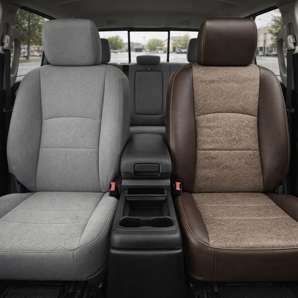 Before-and-after front in-cabin view of a 2012–2018 Ram 1500/2500/3500 showing a seat upholstery upgrade: the left front seat has the original factory gray cloth upholstery, while the right front seat features the upgraded Leatherteck leather kit in Coffee Brown with Western Floral Clay body inserts and Bristol edge piping.
