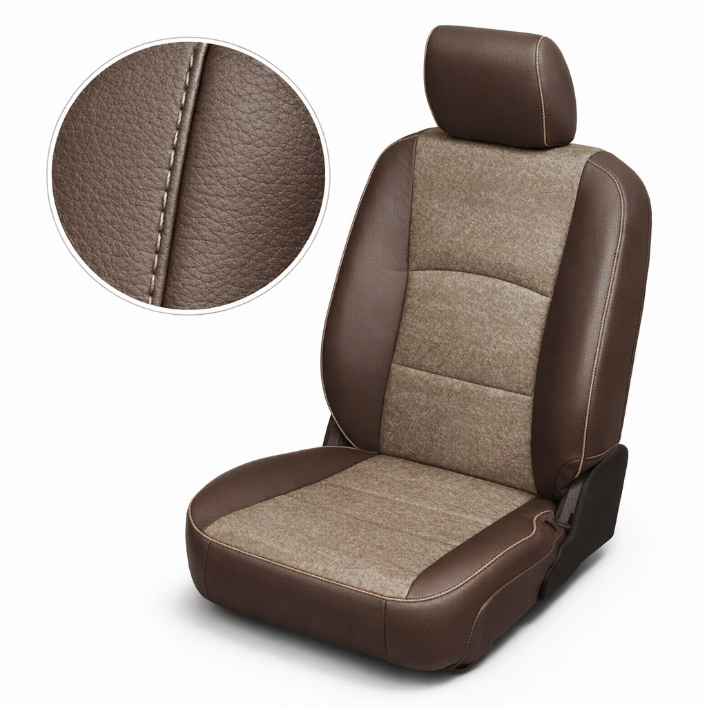 Close-up product image of a 2012–2018 Ram 1500/2500/3500 Leatherteck leather kit in Coffee Brown with Western Floral Clay body inserts and Bristol edge piping. The seat is shown on a white background with a circular zoom inset highlighting the Coffee Brown leather grain, Bristol piping, and stitched seam detail. The full seat displays Western Floral Clay patterned body inserts on the backrest and seat cushion, Coffee Brown side bolsters, matching Coffee Brown headrest, and detailed contrast stitching along