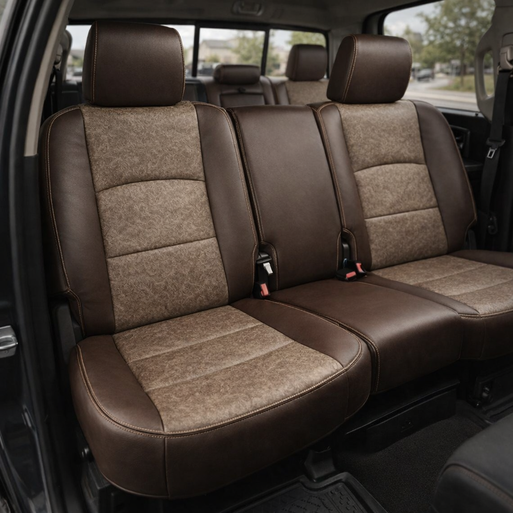  Rear in-cabin view of a 2012–2018 Ram 1500/2500/3500 with an installed Leatherteck leather kit in Coffee Brown with Western Floral Clay body inserts and Bristol edge piping. The image shows the upgraded rear bench seat with three headrests, Coffee Brown leather bolsters and seat cushions, Western Floral Clay patterned insert panels on the backrests and seat bases, visible Bristol piping and stitching detail, seatbelts with red buckles, front seatbacks, rear door opening, rear window, and dark floor mat in