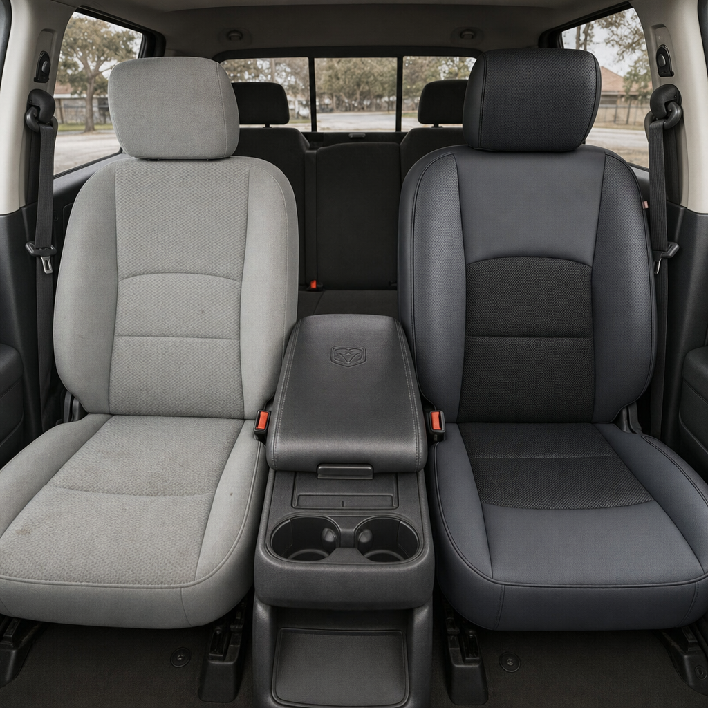 Before-and-after front in-cabin view of a 2012–2018 Ram 1500/2500/3500 showing a seat upholstery upgrade: the left front seat has the original factory light gray cloth upholstery, while the right front seat features the upgraded Leatherteck leather kit in Lapis Grey with black accent inserts, perforated black panels, and black edge piping.