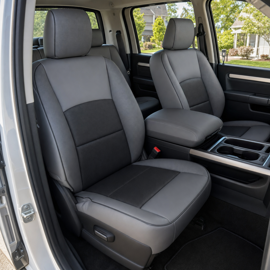 Front in-cabin view of a 2012–2018 Ram 1500/2500/3500 with an installed Leatherteck leather kit in Lapis Grey with black accent inserts, perforated black panels, and black edge piping. The image shows the upgraded driver and passenger front bucket seats with headrests, Lapis Grey leather bolsters and seat cushions, black perforated center seat and backrest panels, visible seam detailing, front center console with armrest and cupholders, seatbelt buckle, door panel, and dark carpeted floor mat inside the 