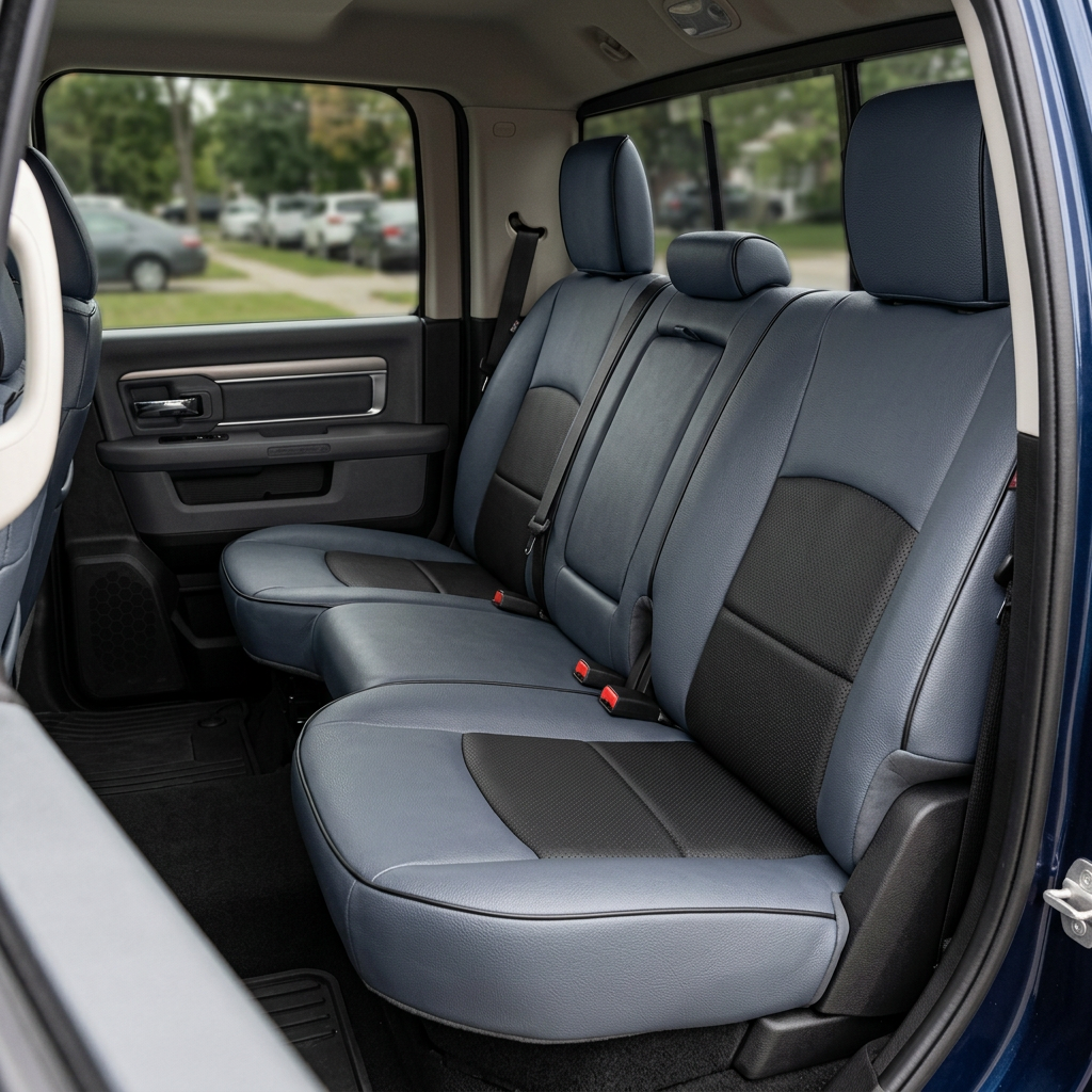 Rear in-cabin view of a 2012–2018 Ram 1500/2500/3500 with an installed Leatherteck leather kit in Lapis Grey with black accent inserts, perforated black panels, and black edge piping. The image shows the upgraded rear bench seat with headrests, Lapis Grey leather seat cushions and backrest bolsters, black perforated center insert panels, visible seam and piping detail, seatbelts with red buckles, rear door panel, rear window, front seatback edge, and dark all-weather floor mat inside the truck cabin.