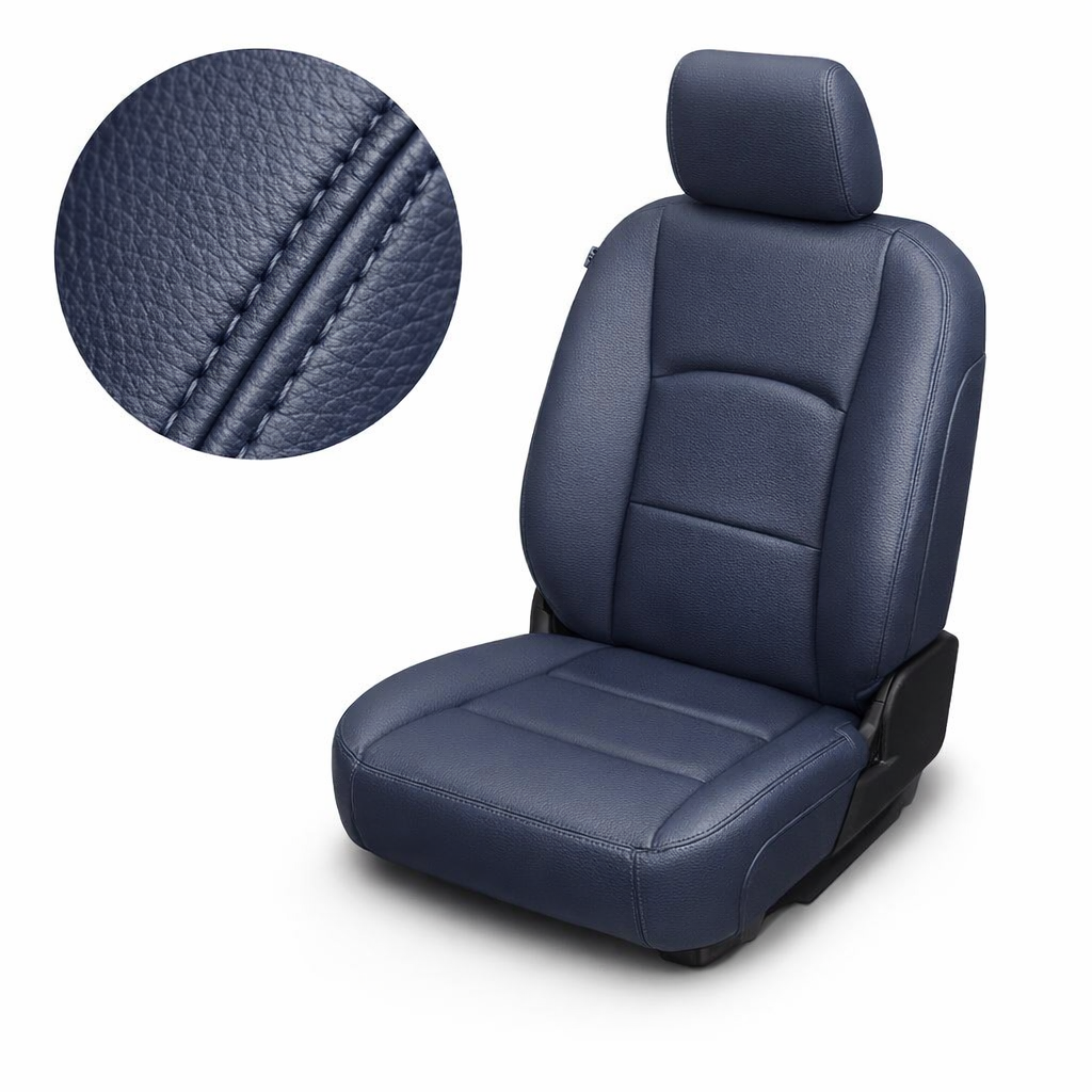 Close-up product image of a 2012–2018 Ram 1500/2500/3500 Leatherteck leather kit in Lapis Grey, featuring perforated combo center inserts and Lapis Grey stitching. The seat is shown on a white background with a circular zoom inset highlighting the Lapis Grey leather grain, matching stitched seam detail, padded center seat and backrest panels, smooth side bolsters, headrest, lower seat cushion, and black seat base.

