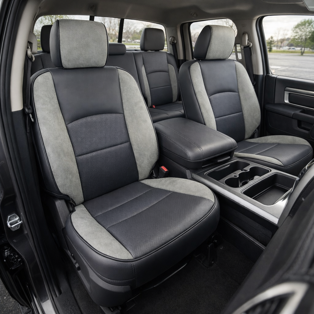  Front in-cabin view of a 2012–2018 Ram 1500/2500/3500 with an installed Leatherteck leather upholstery kit in Lapis Grey with Heather Gray suede panels and perforated insert sections.
The image shows the upgraded driver and passenger front bucket seats with headrests, matching rear bench seat, two-tone gray leather and suede design, perforated seatback and cushion inserts, center console with armrest and cupholders, seatbelt buckles, front door panel, and black carpeted floor inside the truck cabin.