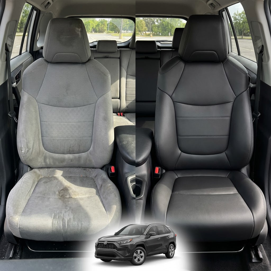 Before-and-after comparison of Toyota Prius front seats, showing cloth seat upgraded to perforated leather upholstery.
