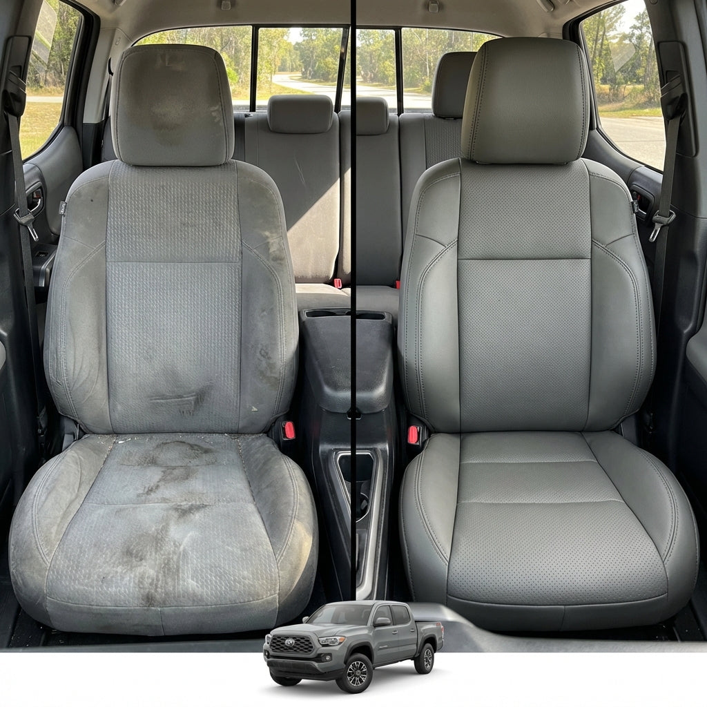 Before-and-after comparison of Toyota Prius front seats, showing cloth seat upgraded to perforated leather upholstery.
