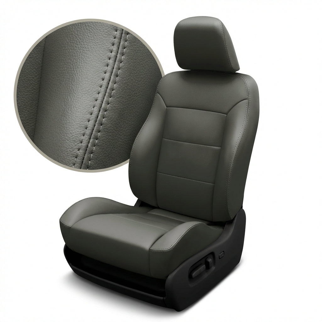 Gray car seat with detailed stitching on a white background