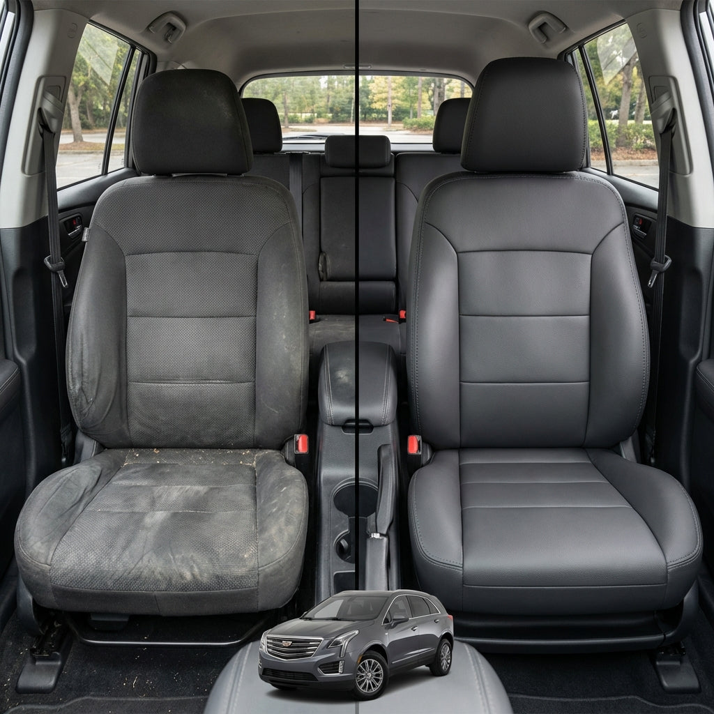 Before-and-after comparison of Chevrolet Sonic front seats, showing cloth seat upgraded to perforated leather upholstery.
