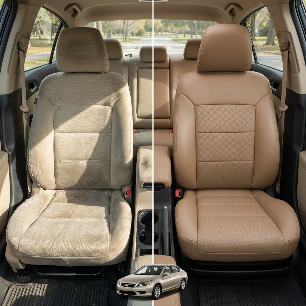 Before-and-after comparison of Chevrolet Sonic front seats, showing cloth seat upgraded to perforated leather upholstery.
