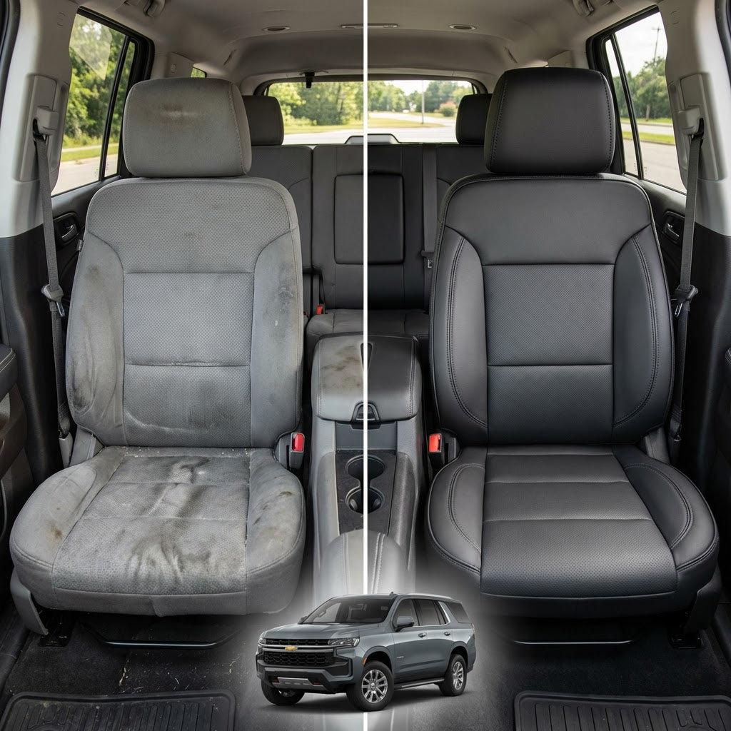 Before-and-after comparison of Fiat ]500 front seats, showing cloth seat upgraded to perforated leather upholstery.
