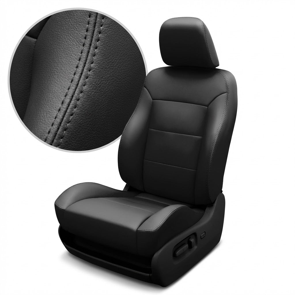 Black car seat cover with detailed stitching on a white background