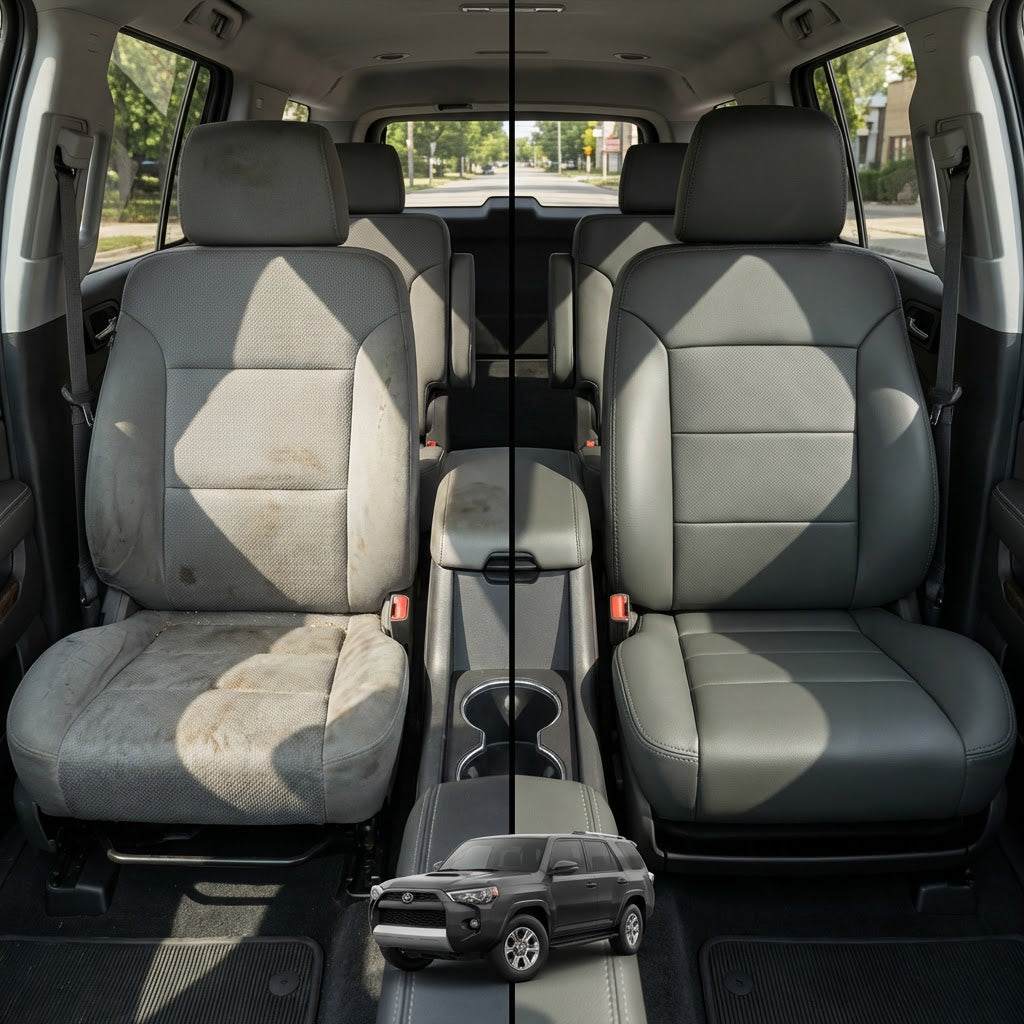 Before-and-after comparison of Fiat 500 front seats, showing cloth seat upgraded to perforated leather upholstery.
