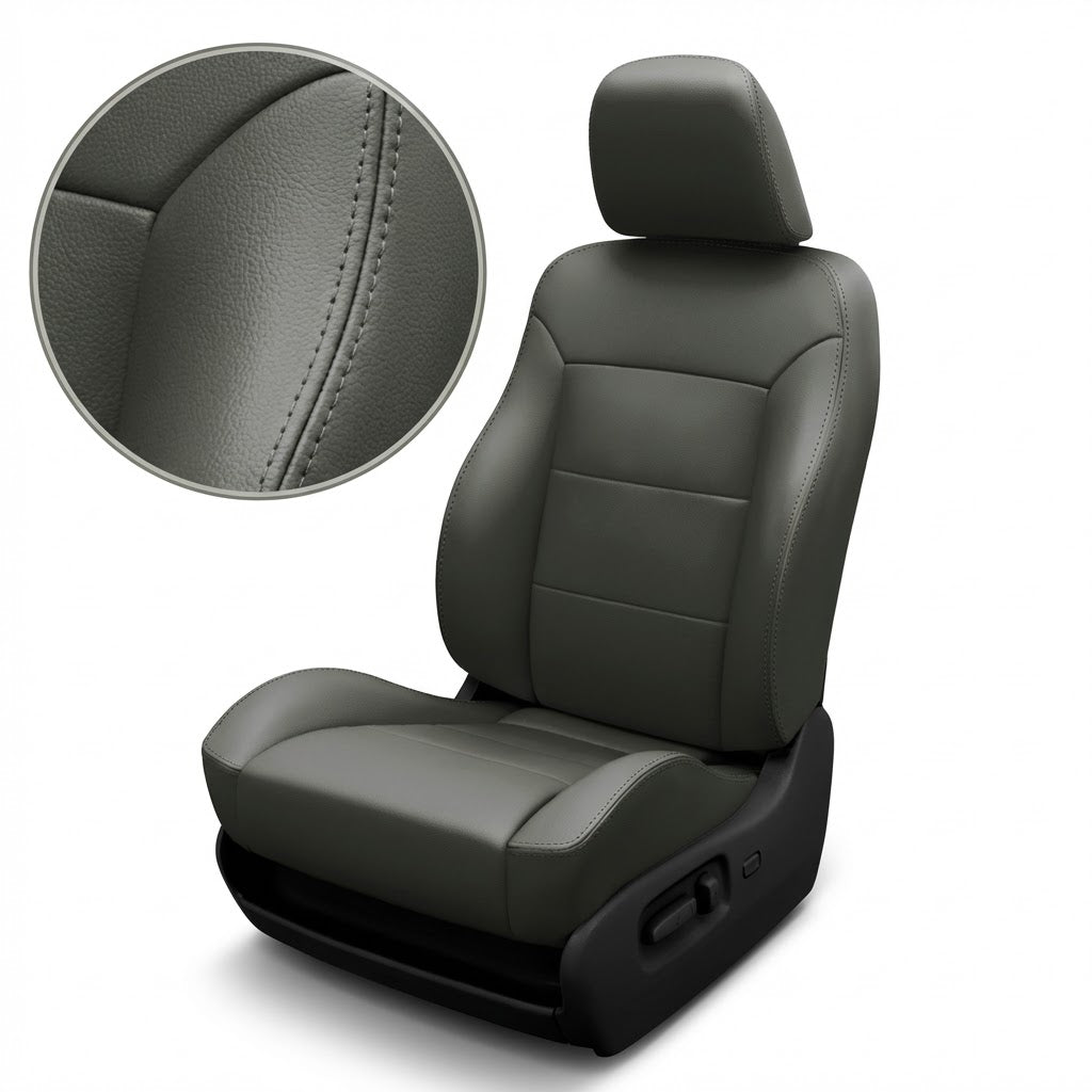 Dark gray car seat with detailed close up texturen on a white background