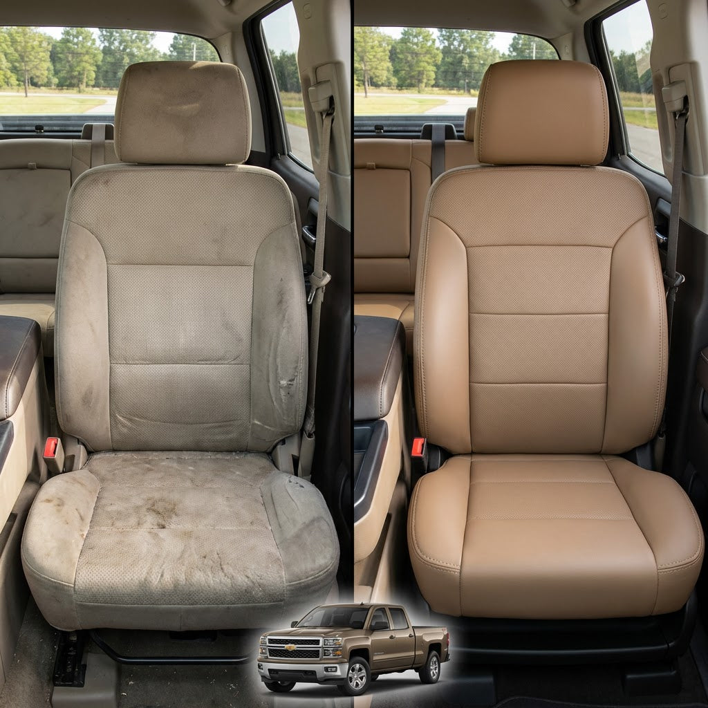 Before-and-after comparison of Fiat 500 front seats, showing cloth seat upgraded to perforated leather upholstery.
