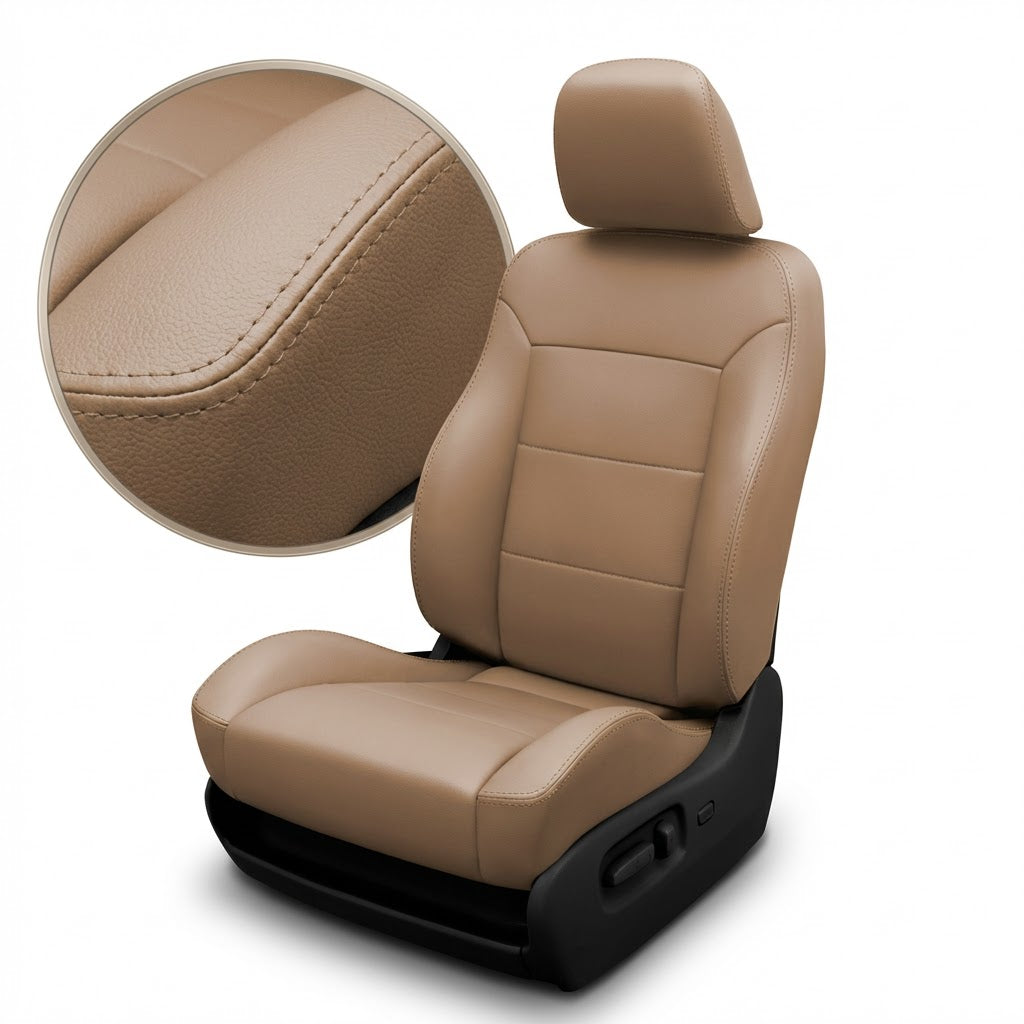 Beige car seat with detailed texture on a white background