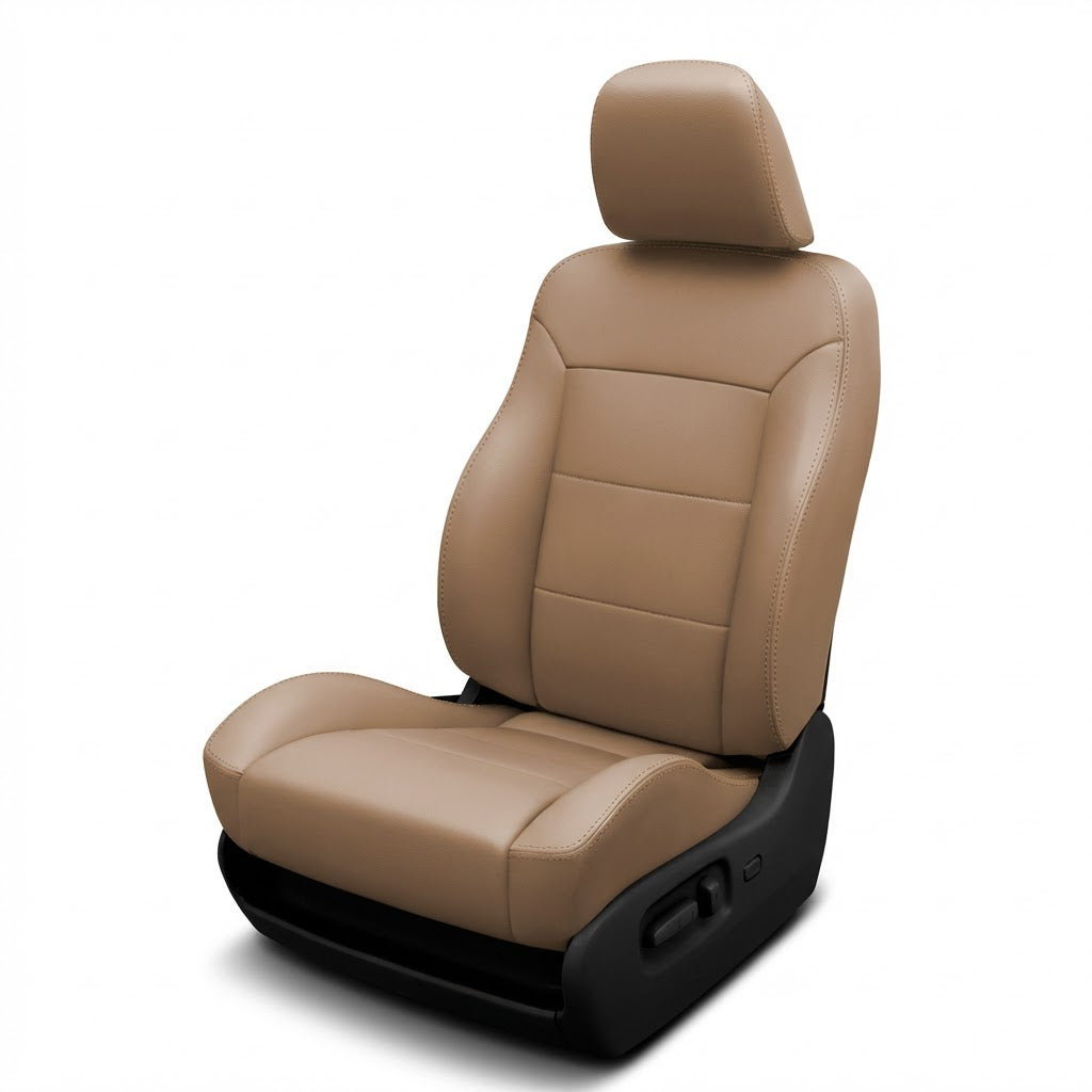 Beige car seat with headrest on a white background