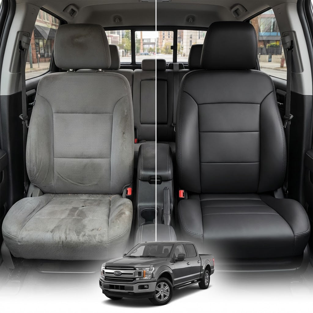 Before-and-after comparison of Nissan NV200 front seats, showing cloth seat upgraded to perforated leather upholstery.
